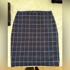 Ann Taylor Navy Plaid Pencil Skirt with Gold Stitching